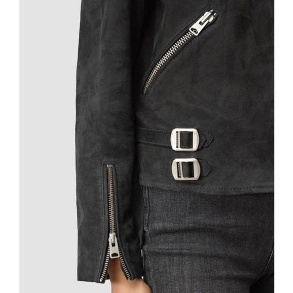 All Saints Edwards Biker Goat Suede Biker Jacket Navy/Gray Size US 2 - Picture 8 of 9